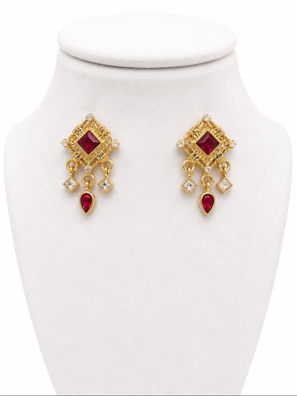 JCPenney Vintage Gold Tone Ruby Red Crystal Chandelier Dangle Earrings